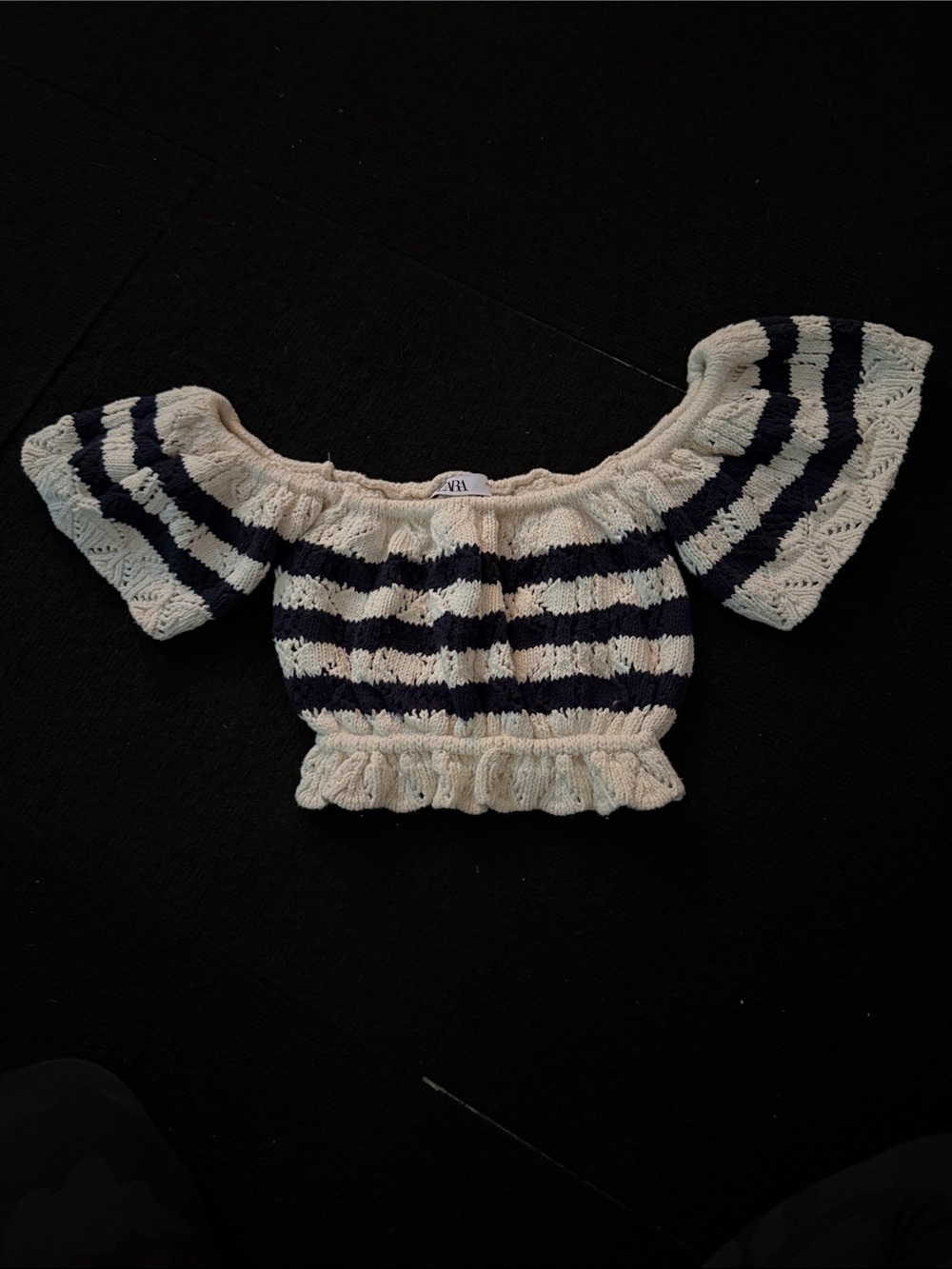 Zara Cream & Navy Striped Off-Shoulder Crop Top
